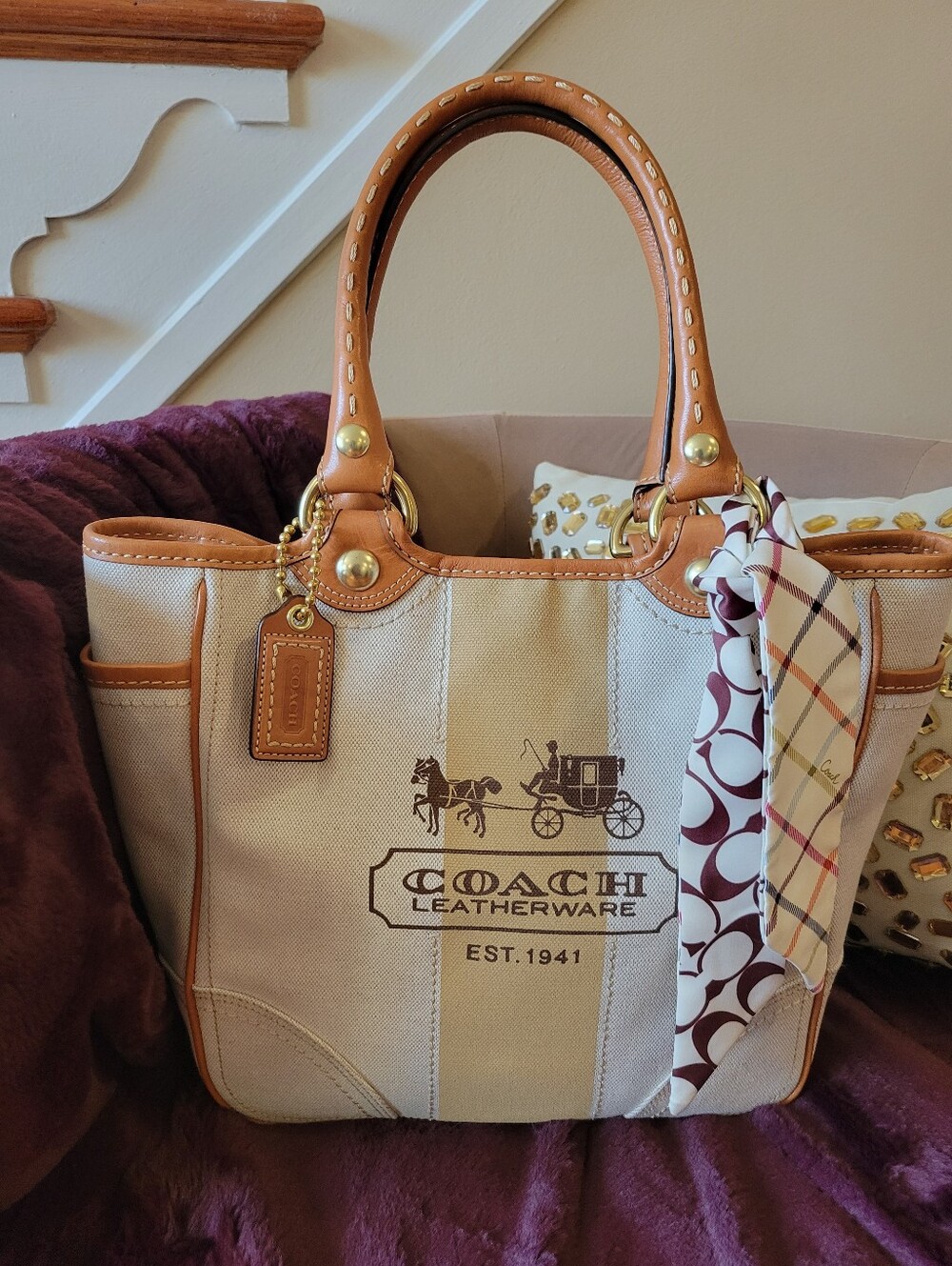Coach Tattersal Silk Lining Leatherware Canvas Tote Bag in Beige with Tan Trim